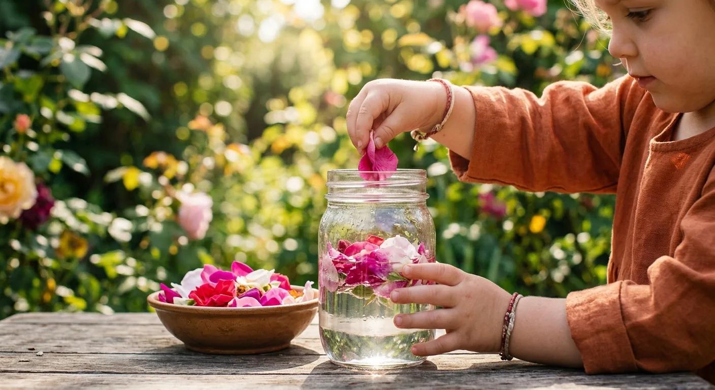Een kind doet verse rozenblaadjes in een glazen pot met water als onderdeel van een stappenplan om bloemenwater te maken.