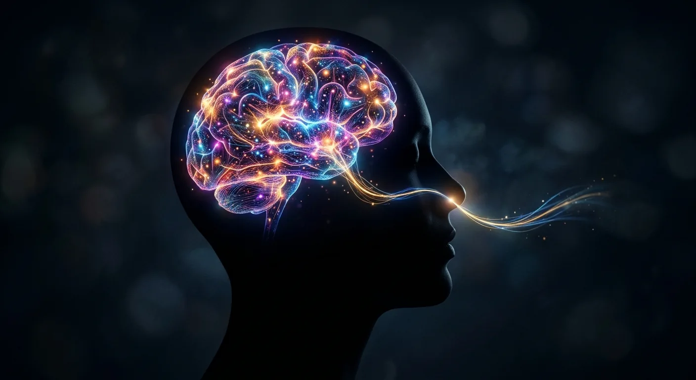 Een abstracte visualisatie van een geur die als een lichtspoor een silhouet van een hoofd binnengaat en daar oplicht als een netwerk van neurale paden, wat de directe werking op het brein symboliseert.