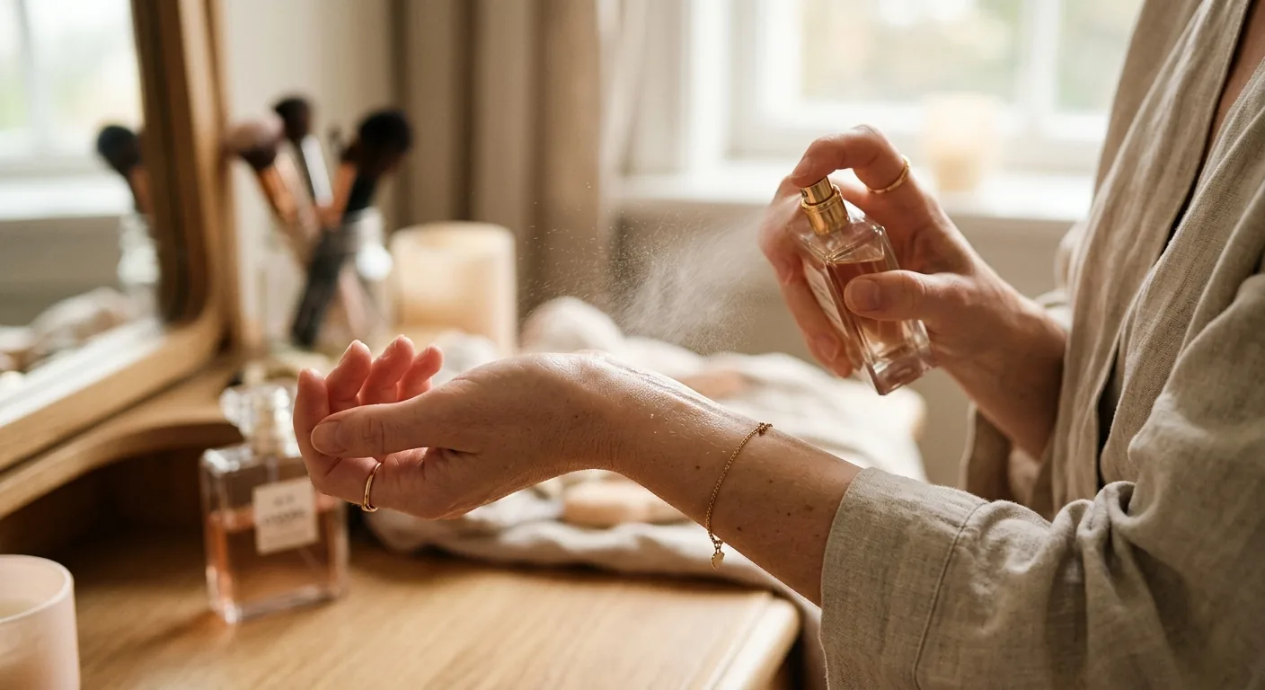 Close-up van een vrouw die parfum op haar pols sprayt, wat de handeling van het kiezen en aanbrengen van een geur uitbeeldt.