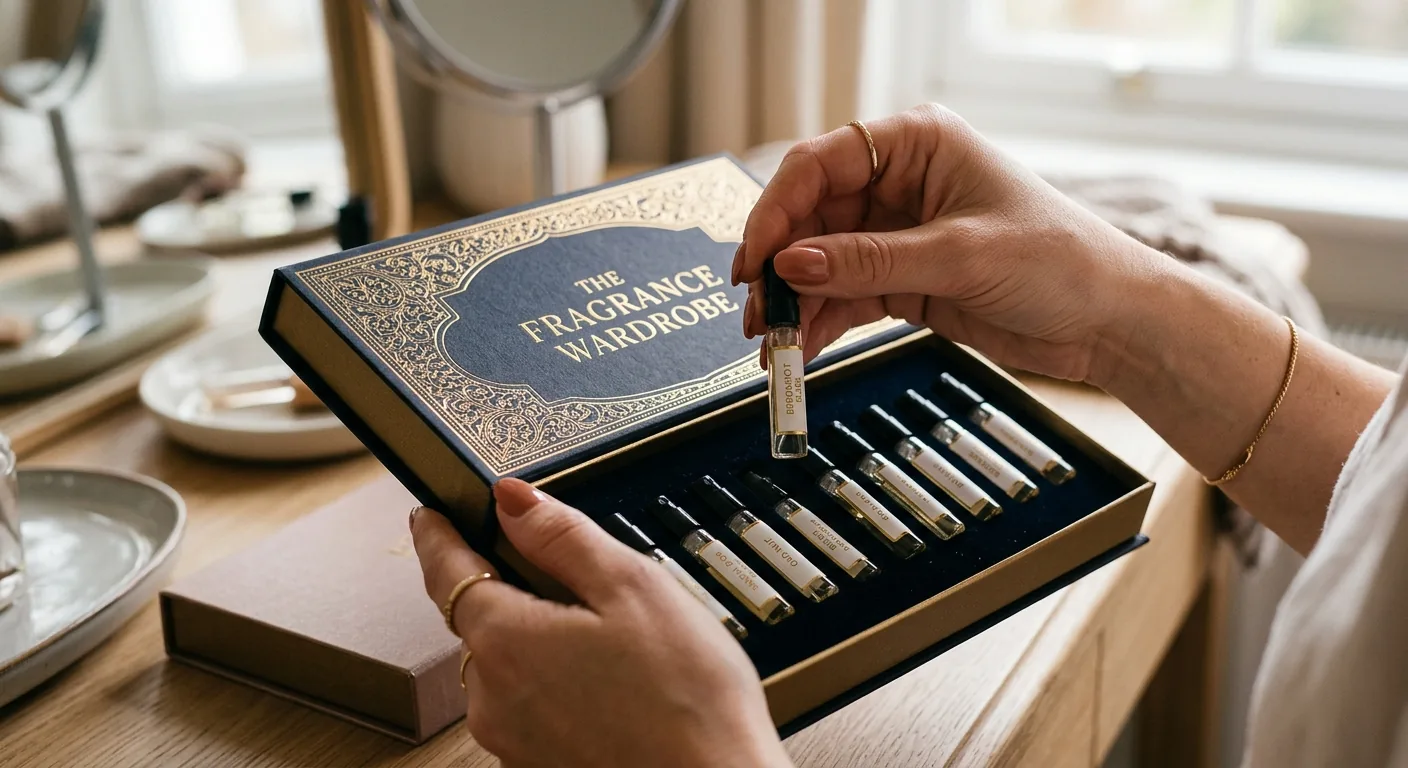 Iemands handen openen een luxe doos met daarin een collectie kleine parfumflesjes, een zogeheten discovery set.