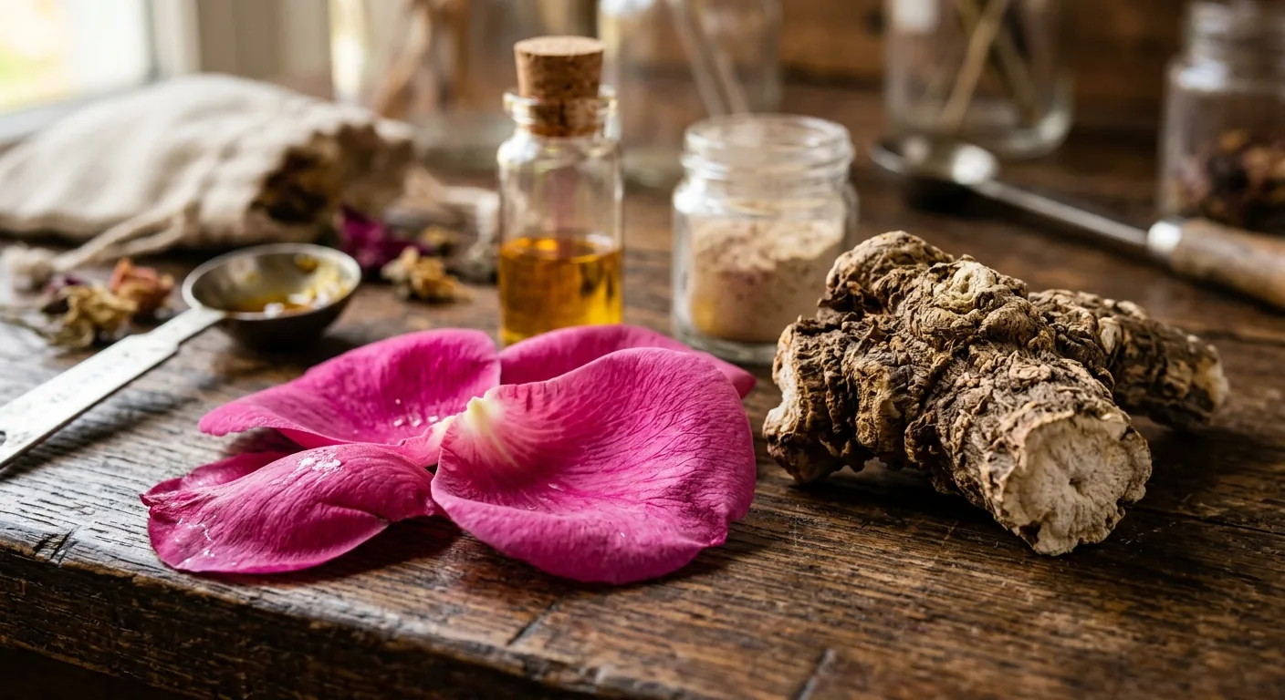 Een gedetailleerde macrofoto van natuurlijke, hoogwaardige parfumingrediënten zoals rozenblaadjes en iriswortel, die de ambachtelijke kwaliteit van Creed symboliseren.