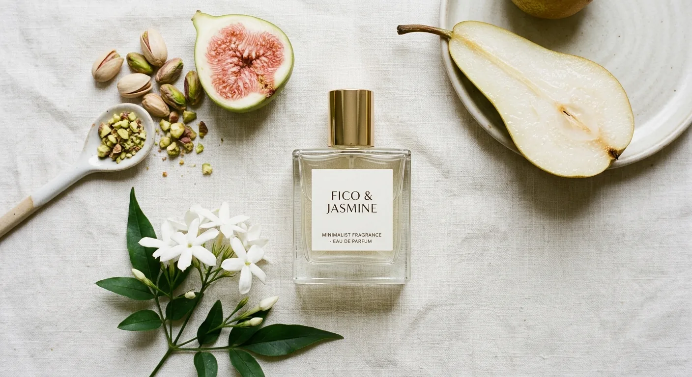 Een elegante parfumfles omringd door ingrediënten van de nieuwste parfumtrends, zoals vijg, pistache en peer.