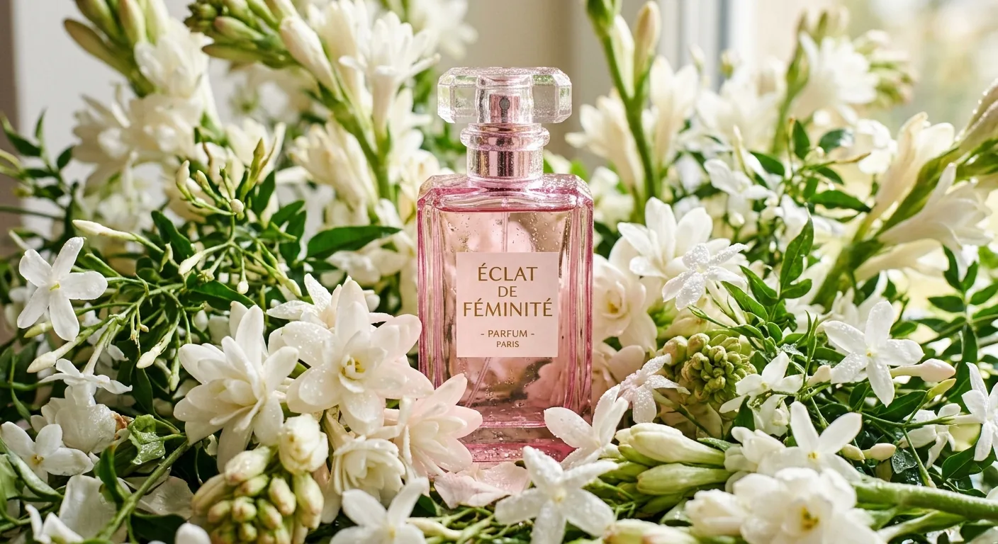 Een flesje Gucci Bloom parfum, omringd door een weelderige hoeveelheid verse, witte bloemen zoals tuberoos en jasmijn.