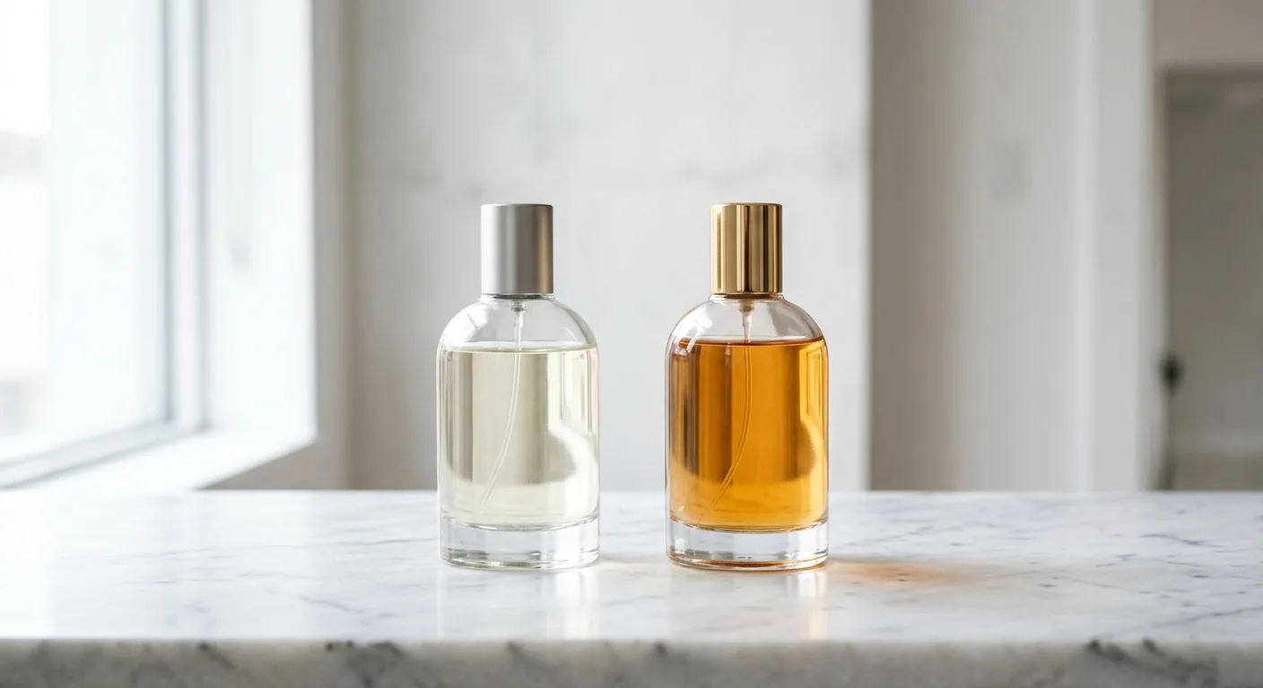 Twee parfumflacons, een lichtere eau de toilette en een rijkere eau de parfum, staan naast elkaar om het verschil in concentratie te tonen.