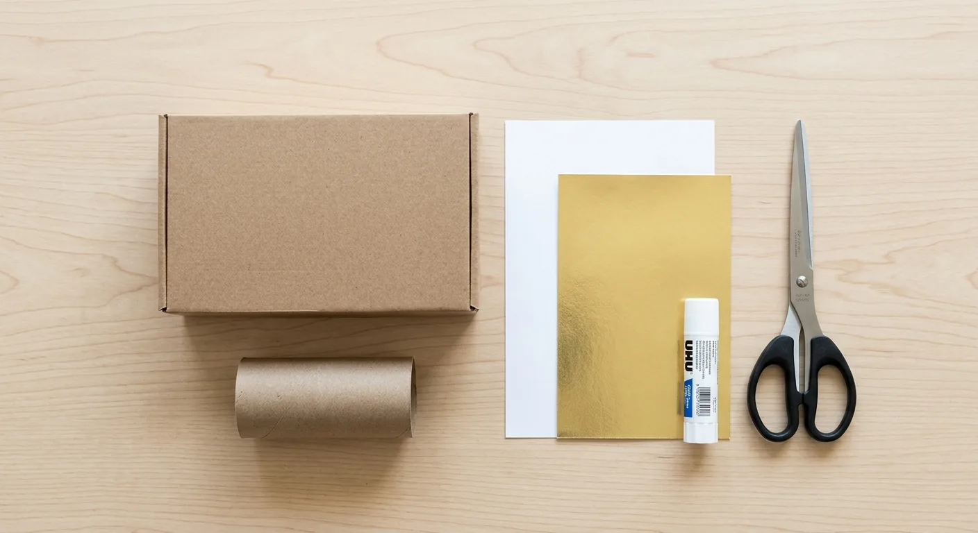 Een overzicht van knutselmaterialen voor een parfum surprise: een kartonnen doos, een wc-rol, gekleurd papier, lijm en een schaar.