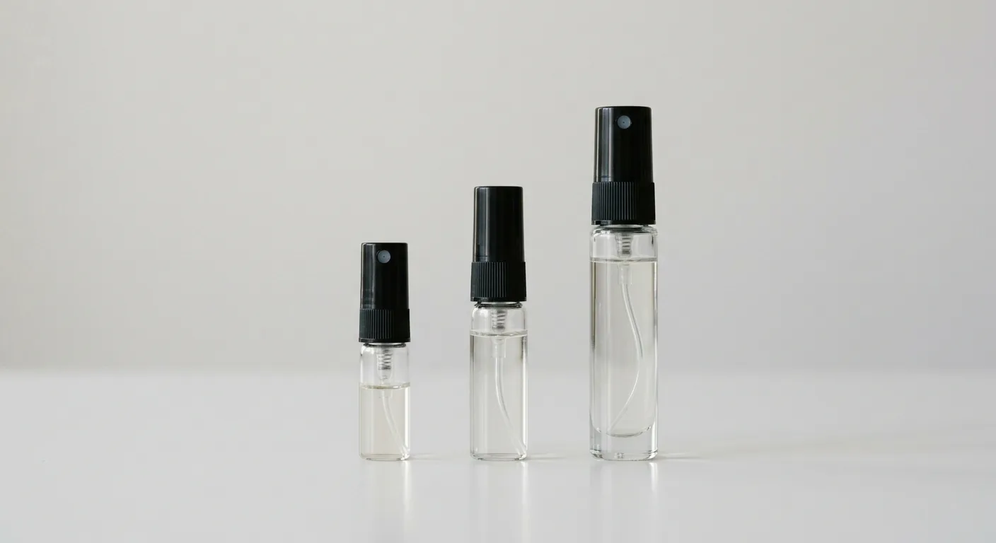 Drie verschillende formaten parfum samples in glazen verstuivers, van klein naar groot, om de diverse hoeveelheden te illustreren.