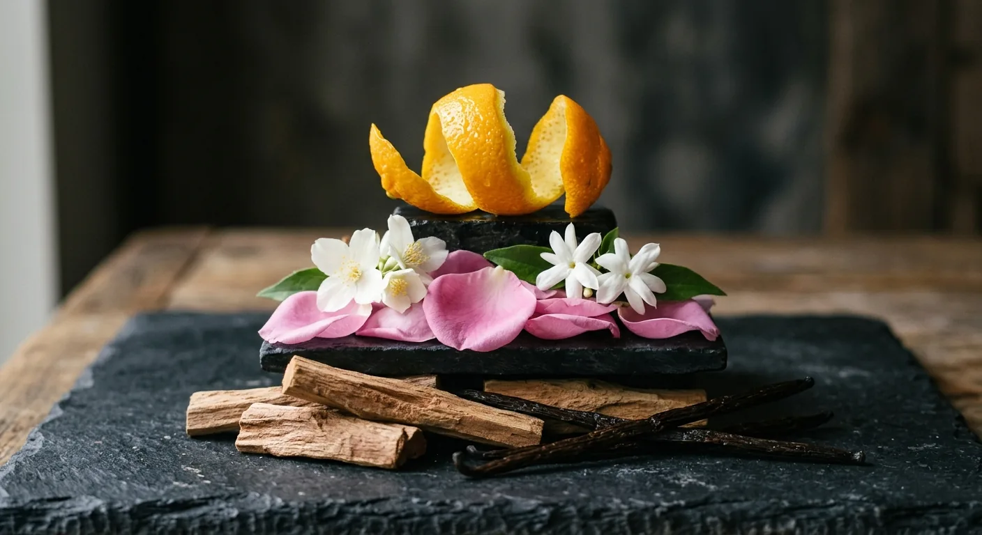 Een artistieke opstelling van ingrediënten die de geurnoten van een parfum uitbeelden: hout, bloemen en citrus.