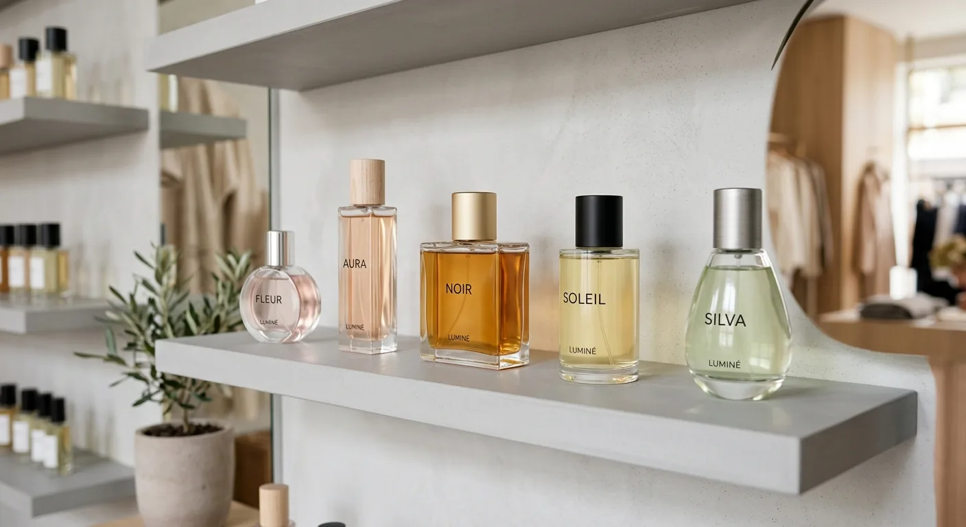 Een rij van verschillende, strak vormgegeven parfumflesjes in diverse kleuren en vormen, die de nieuwe en uitgebreide parfumcollectie van Zara tonen.