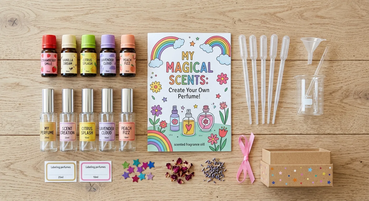 De inhoud van een doe-het-zelf pakket om thuis parfum te maken, overzichtelijk uitgestald op een tafel.