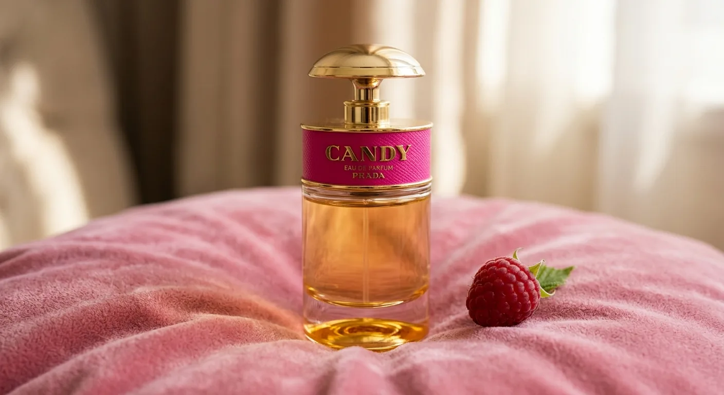 Een speelse parfumflacon die het zoete karakter van de Prada Candy-lijn verbeeldt, geplaatst op een zachtroze kussen met een framboos ernaast.