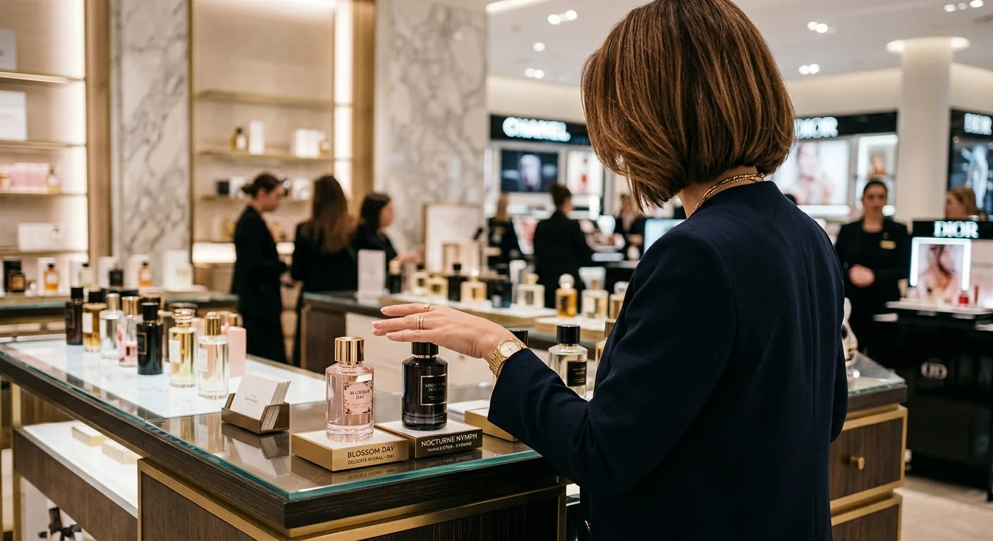 Een vrouw staat voor een luxe parfumbalie en twijfelt tussen twee flesjes zoet parfum, een lichte en een donkere variant, die de keuze voor verschillende gelegenheden symboliseren.