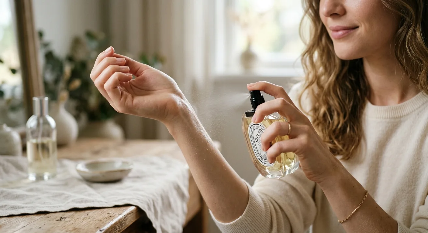 Een vrouw brengt subtiel een eau de toilette aan op haar pols, een van de polspunten van het lichaam.