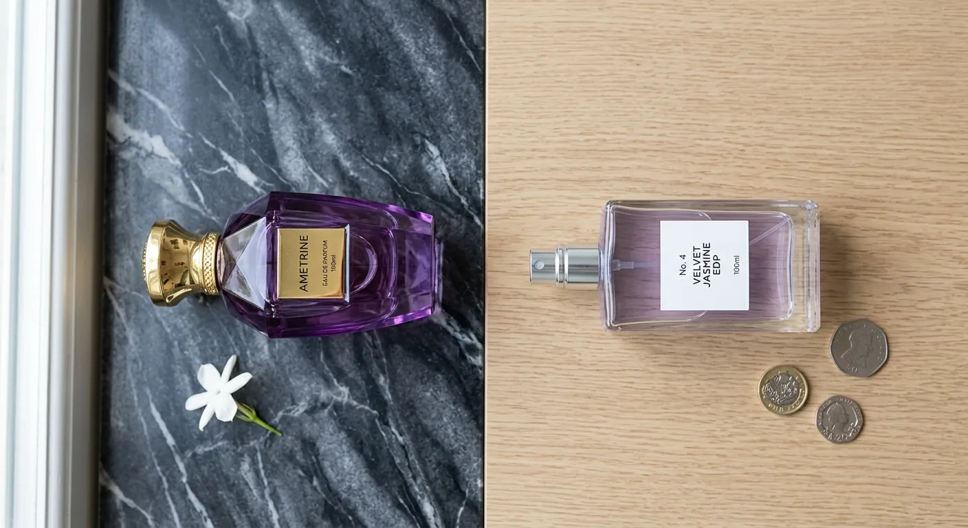 Een luxe paarse parfumflacon naast een vergelijkbare, goedkopere 'dupe' flacon met wat muntgeld ernaast, wat de keuze tussen het origineel en een betaalbaar alternatief symboliseert.