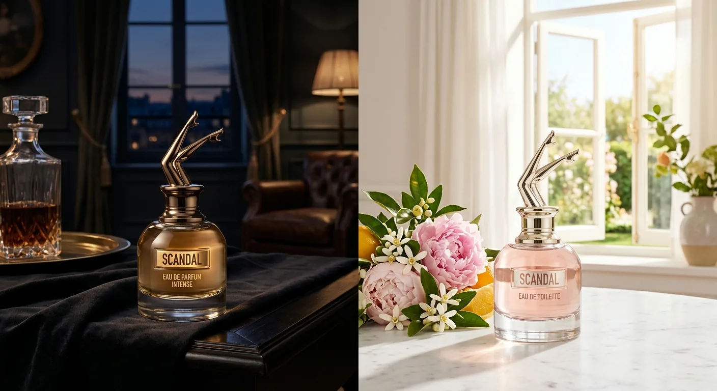 Een visueel contrast tussen een zware Eau de Parfum in een avondsfeer en een lichte Eau de Toilette in een daglicht-sfeer.