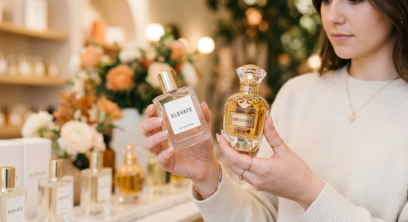 Twee handen houden elk een ander parfumflesje vast: een strak en modern flesje en een klassiek, luxe flesje, om het vergelijken van een Zara-dupe met een designergeur te illustreren.