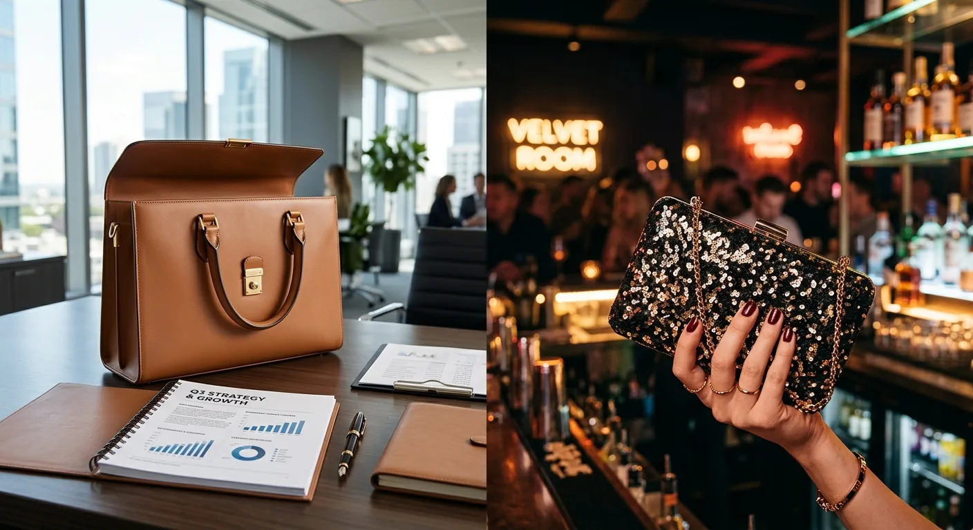 Een gesplitst beeld dat het contrast toont tussen een zakelijke aktetas overdag en een feestelijke clutch 's nachts, als symbool voor het thema van Scandal parfum.