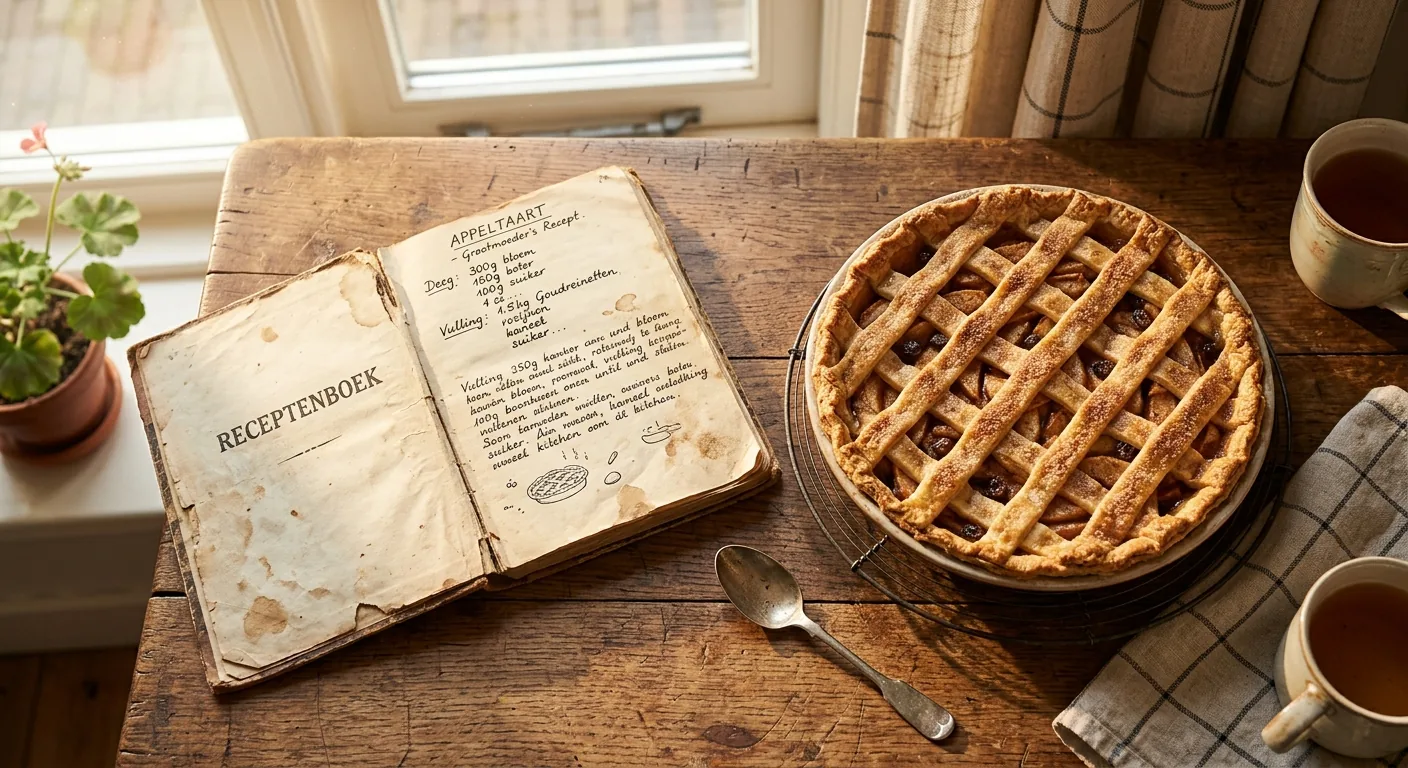 Een versgebakken appeltaart en een oud, handgeschreven kookboek liggen op een houten tafel in de zon, wat een nostalgisch gevoel oproept.