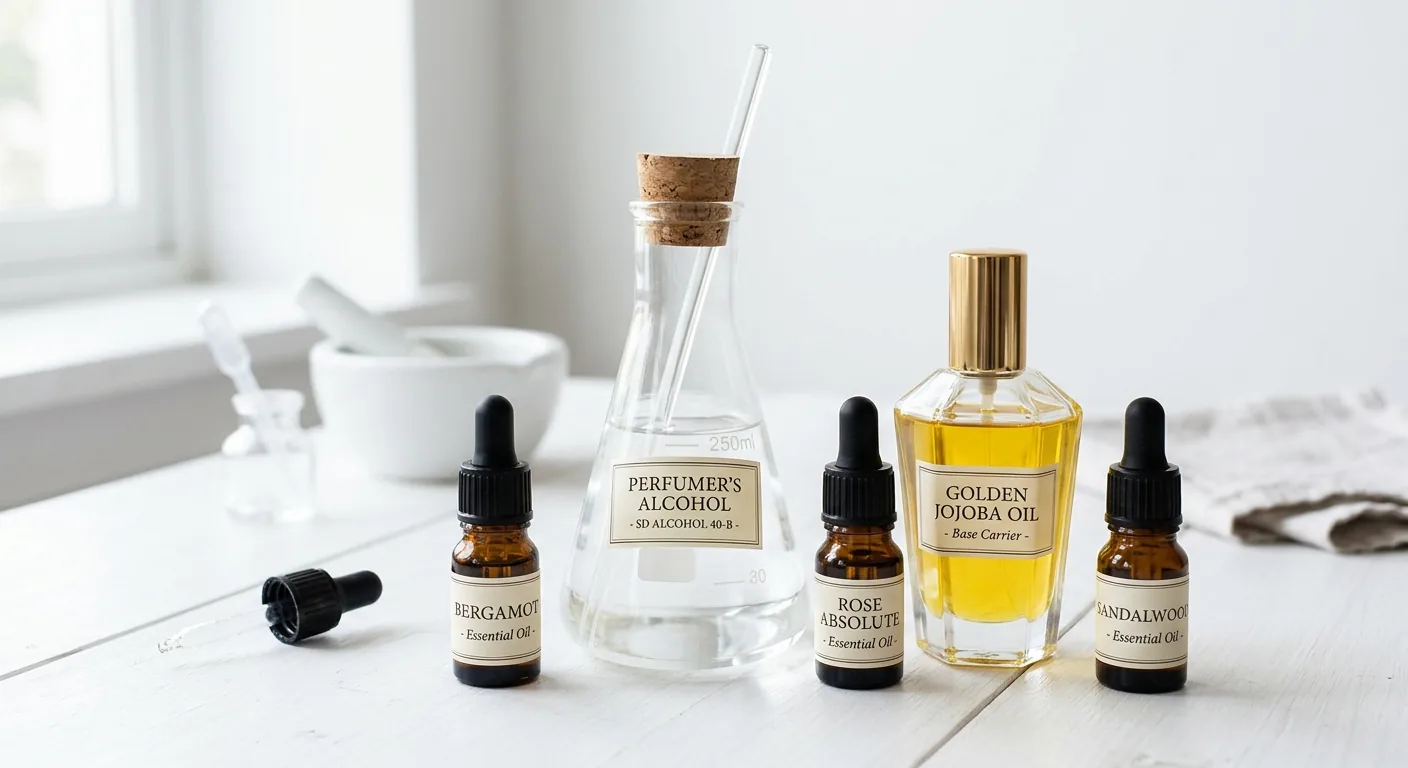 De basis-ingrediënten voor het maken van parfum: een fles met alcohol, een fles met jojobaolie en enkele flesjes met etherische oliën.