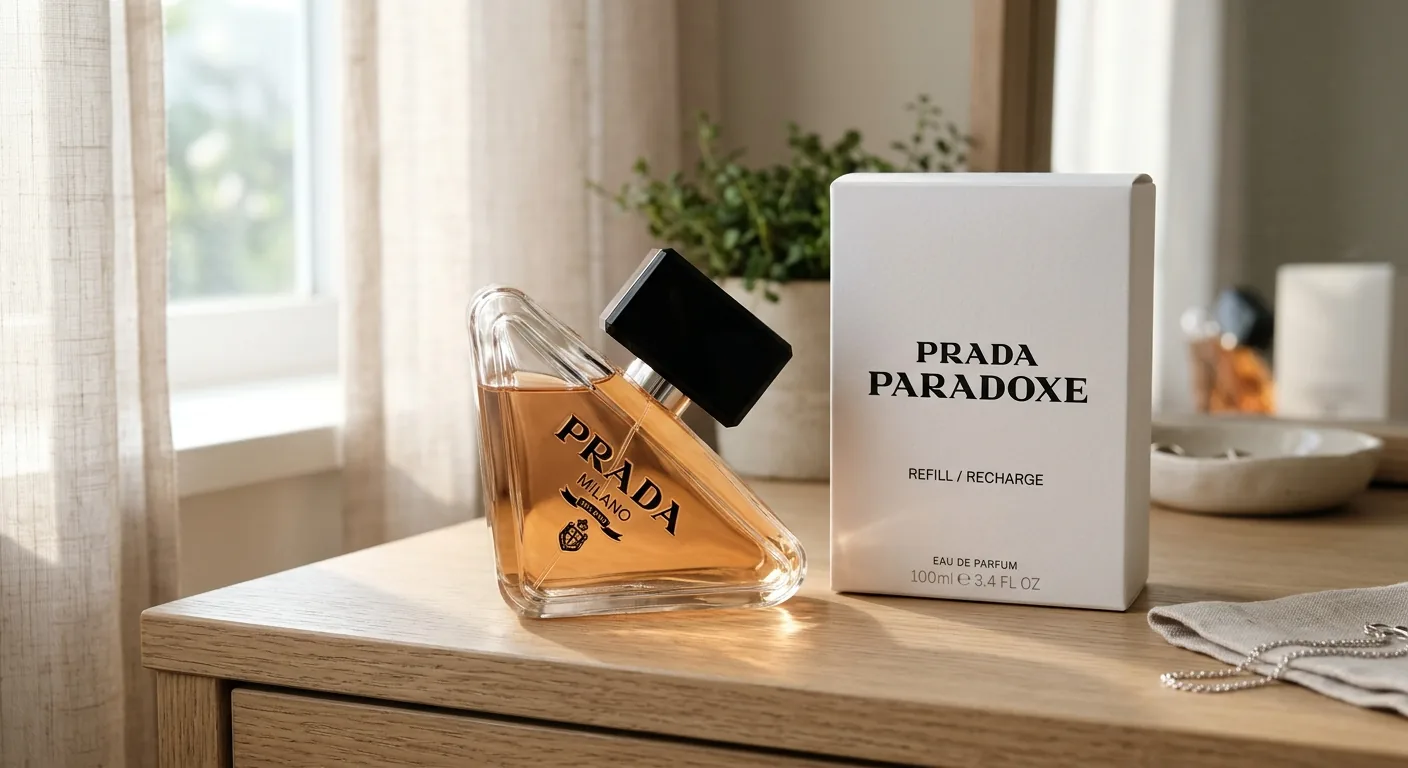 De herkenbare, driehoekige flacon van een modern parfum staat naast de bijbehorende navulverpakking, wat de duurzame focus van de collectie benadrukt.