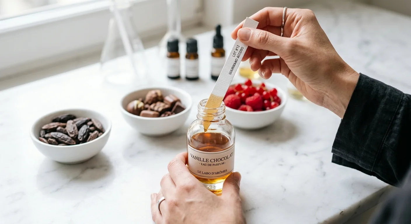 Een parfum teststrip wordt in een flesje geurolie gedoopt, met op de achtergrond schaaltjes met tonkabonen, pralines en rode bessen als ingrediënten.