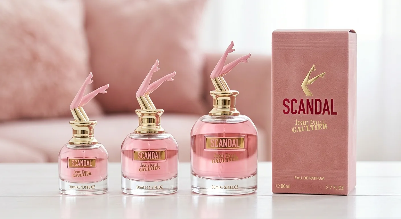 De drie verschillende fles-formaten van Scandal parfum – klein, middel en groot – naast elkaar met de bijbehorende verpakking.