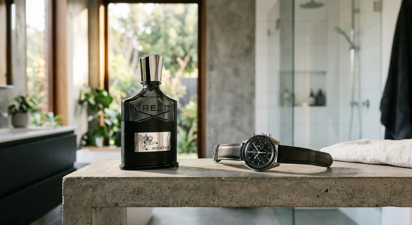 Een iconische parfumflacon die lijkt op Creed Aventus, stijlvol geplaatst in een moderne setting naast een luxe horloge, als symbool voor een populaire en succesvolle geur.