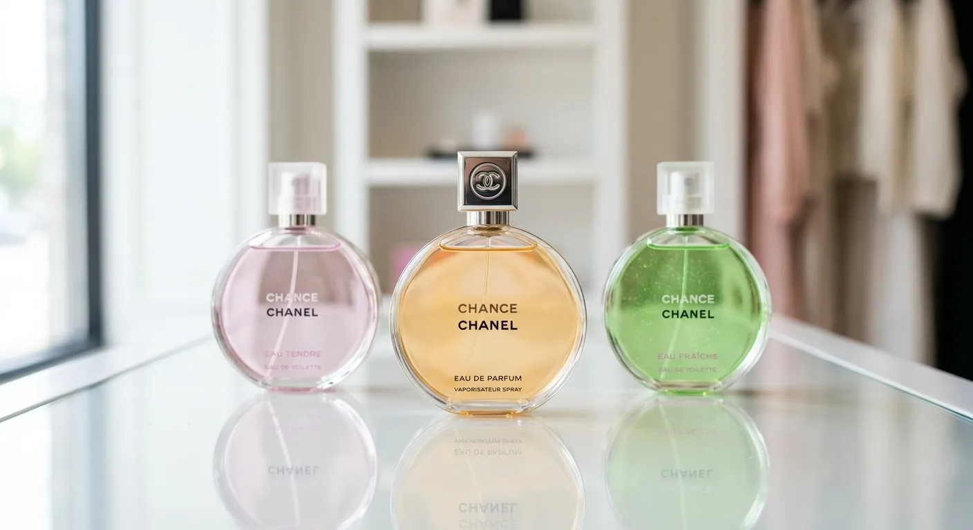 Drie verschillende varianten van Chanel Chance parfum staan naast elkaar, wat de keuze tussen de geuren symboliseert.