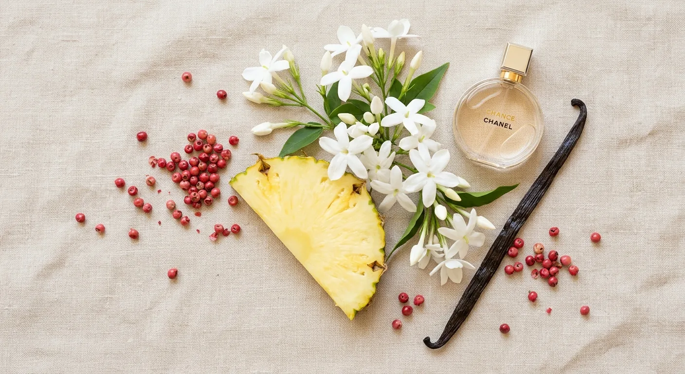 Een artistieke compositie van de geurnoten in Chanel Chance, met ananas, jasmijn, roze peper en vanille.